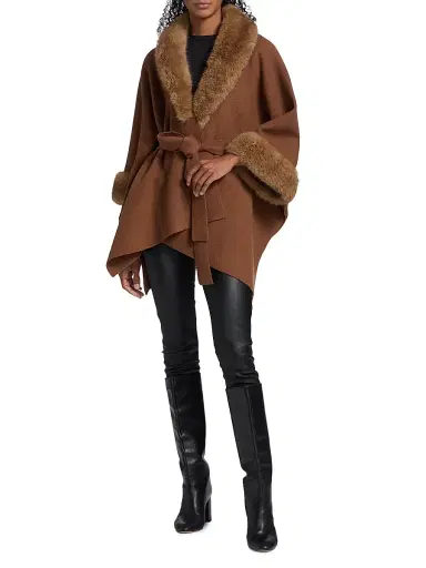 Alice + Olivia Women's Joanne Faux-Fur Trim Wool Sweater Coat - Camel - Size Medium | Thumbnail 2