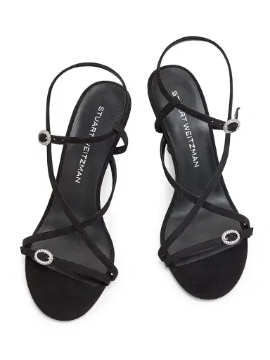 Stuart Weitzman Women's 85MM Crystal-Buckle Suede Strappy Sandals - Black | Thumbnail 4 Stuart Weitzman Women's 85MM Crystal-Buckle Suede Strappy Sandals - Black | Thumbnail 4