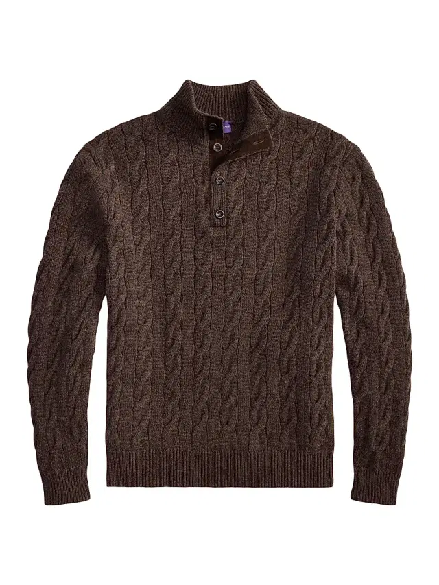 Ralph Lauren Purple Label Men's Cable-Knit Cashmere Stand-Neck Sweater - Dark Taupe Melange