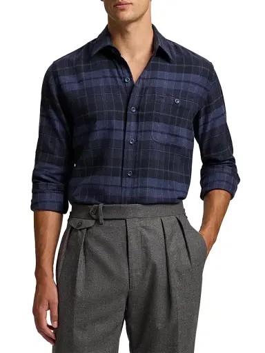 Ralph Lauren Purple Label Men's Plaid Cotton Flannel Button-Front Shirt - Dark French Blue Melange | Thumbnail 3