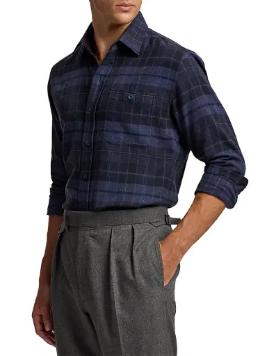 Ralph Lauren Purple Label Men's Plaid Cotton Flannel Button-Front Shirt - Dark French Blue Melange | Thumbnail 4