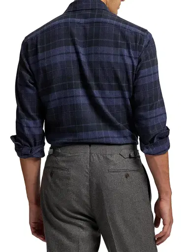Ralph Lauren Purple Label Men's Plaid Cotton Flannel Button-Front Shirt - Dark French Blue Melange | Thumbnail 5