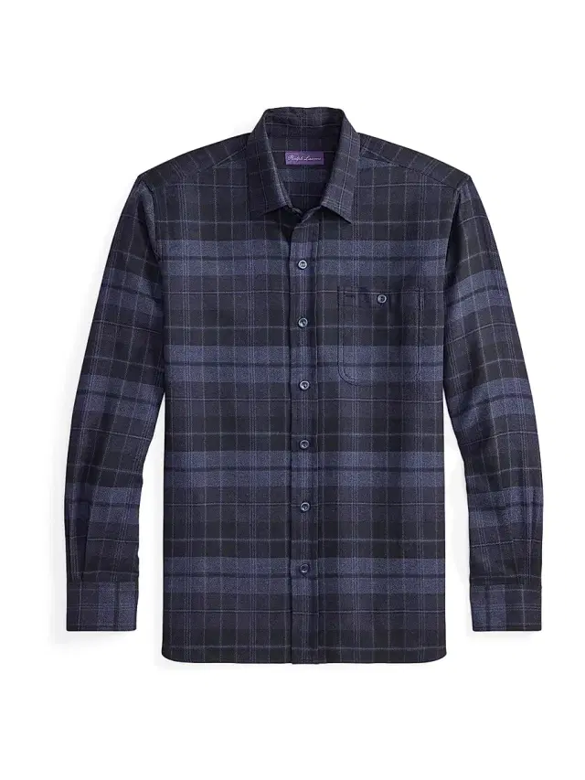 Men's Plaid Cotton Flannel Button-Front Shirt - Dark French Blue Melange