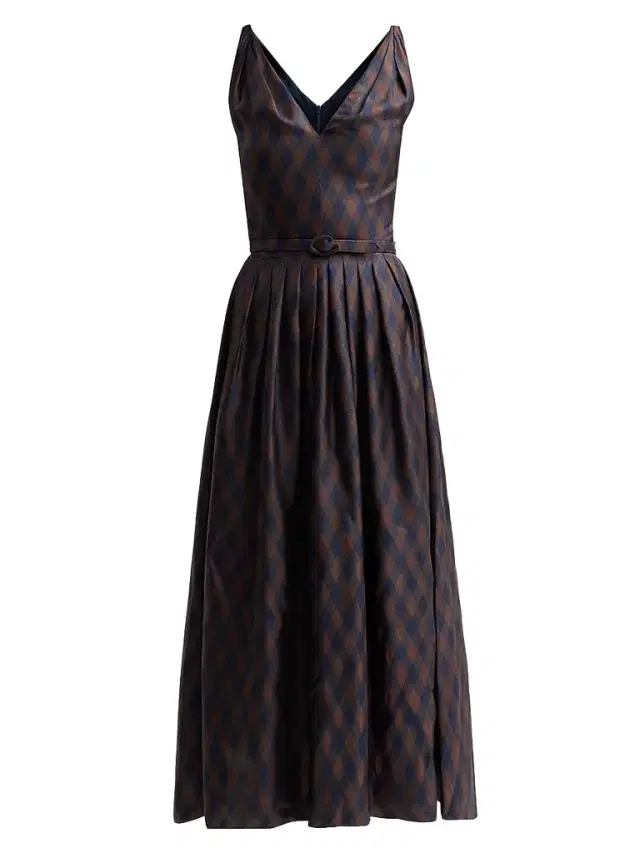 Oscar de la Renta Women's Argyle Silk Twill Day Dress - Navy Brown