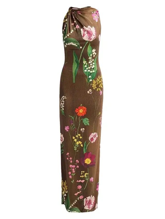 Oscar de la Renta Women's Mixed Botanical Jersey Day Dress - Brown Multi