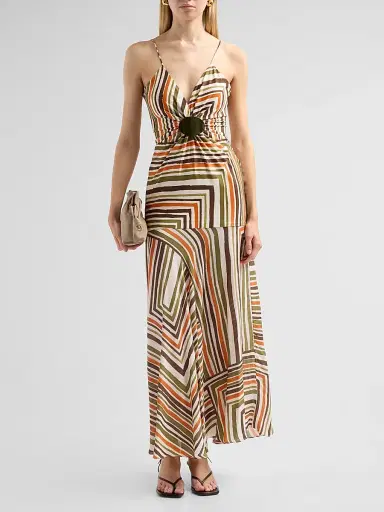 Silvia Tcherassi Women's Emeli Abstract-Print Ruched Maxi Dress - Orange Green Stripes | Thumbnail 2 Silvia Tcherassi Women's Emeli Abstract-Print Ruched Maxi Dress - Orange Green Stripes | Thumbnail 2