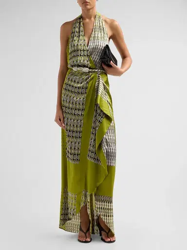 Silvia Tcherassi Women's Printed Stretch Silk Halter Maxi Dress - Abstract Green Print - Size Large | Thumbnail 2