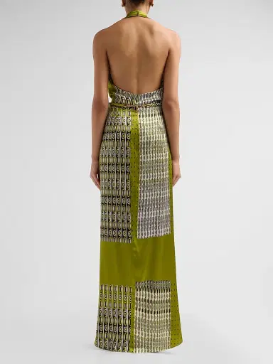 Silvia Tcherassi Women's Printed Stretch Silk Halter Maxi Dress - Abstract Green Print - Size Large | Thumbnail 3