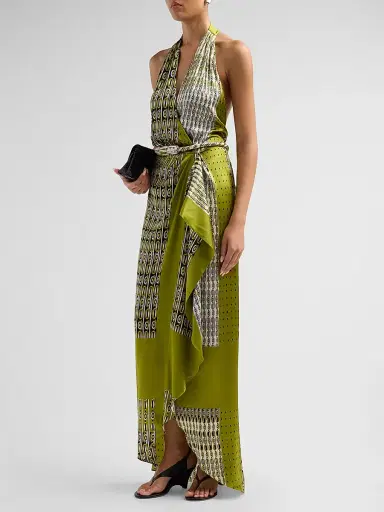 Silvia Tcherassi Women's Printed Stretch Silk Halter Maxi Dress - Abstract Green Print - Size Large | Thumbnail 4