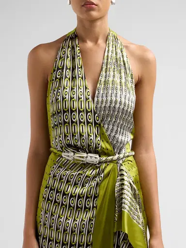 Silvia Tcherassi Women's Printed Stretch Silk Halter Maxi Dress - Abstract Green Print - Size Large | Thumbnail 5