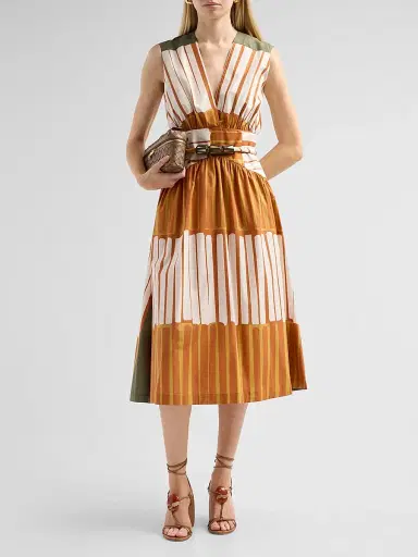 Silvia Tcherassi Women's Jocelyn Printed Sleeveless Belted Midi Dress - Terracotta Stripes - Size XL | Thumbnail 2