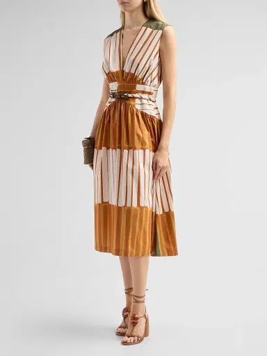 Silvia Tcherassi Women's Jocelyn Printed Sleeveless Belted Midi Dress - Terracotta Stripes - Size XL | Thumbnail 4
