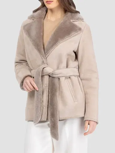 Gorski Women's Merino Shearling Lamb Jacket with Whipstitch Trim - Taupe - Size Large | Thumbnail 2