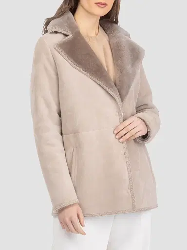 Gorski Women's Merino Shearling Lamb Jacket with Whipstitch Trim - Taupe - Size Large | Thumbnail 3