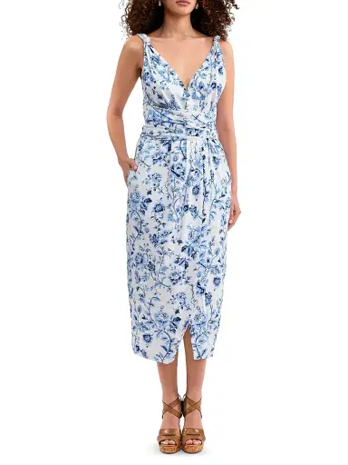 Rebecca Taylor Women's Emelia Floral Cotton Wrap Midi-Dress - Alaskan Blue Multi | Thumbnail 2