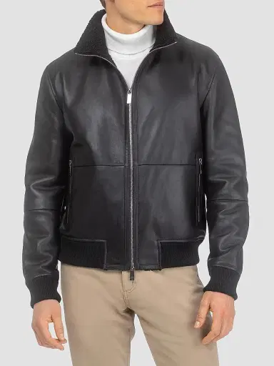 Gorski Men's Shearling Lamb Bomber Jacket - Black | Thumbnail 2