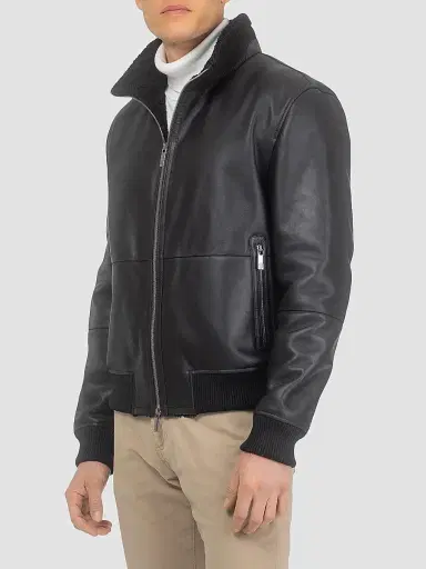 Gorski Men's Shearling Lamb Bomber Jacket - Black | Thumbnail 3