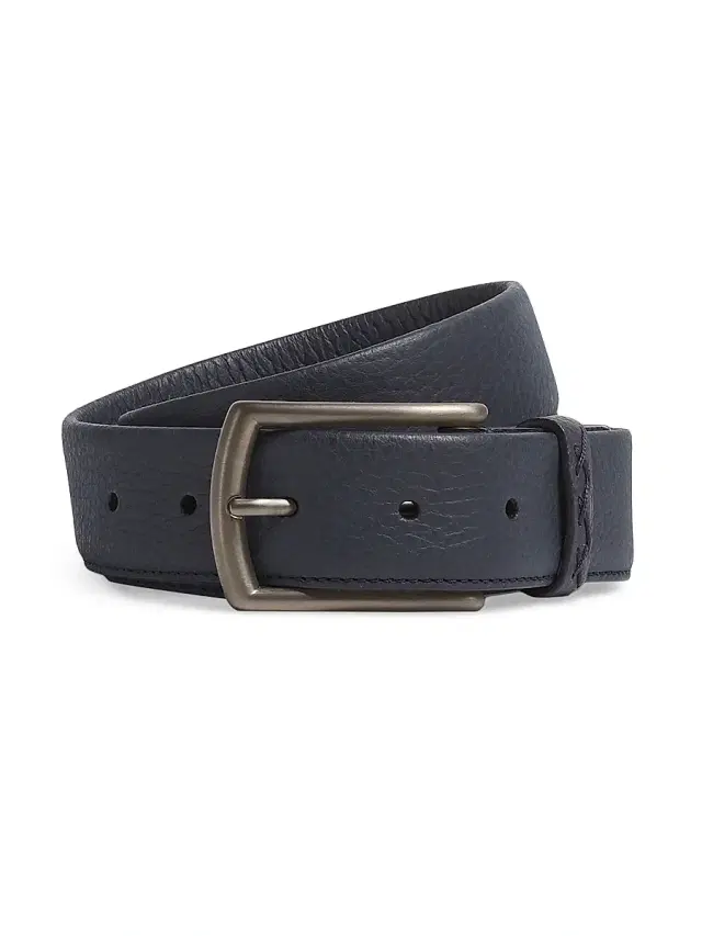 ZEGNA Men's Leather Belt with Triple Stitch Buckle - Navy Blue