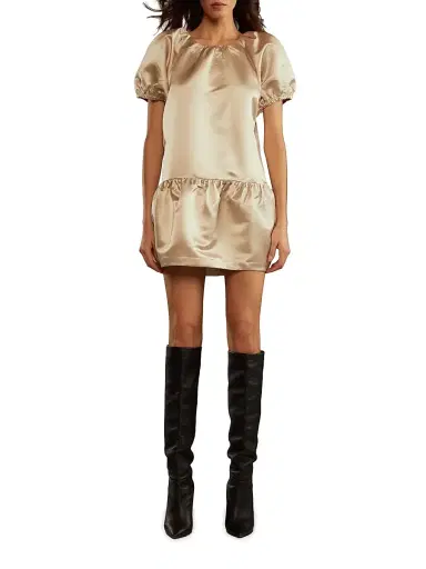 CYNTHIA ROWLEY Women's Tulip Puff-Sleeve Satin Minidress - Champagne - Size Large | Thumbnail 2