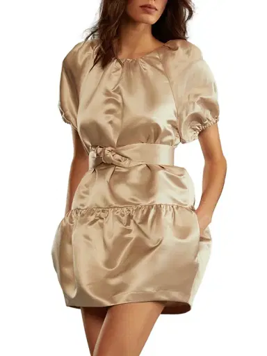 CYNTHIA ROWLEY Women's Tulip Puff-Sleeve Satin Minidress - Champagne - Size Large | Thumbnail 5
