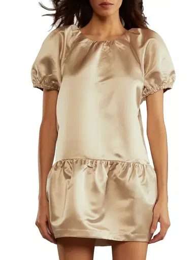 CYNTHIA ROWLEY Women's Tulip Puff-Sleeve Satin Minidress - Champagne - Size Large | Thumbnail 1