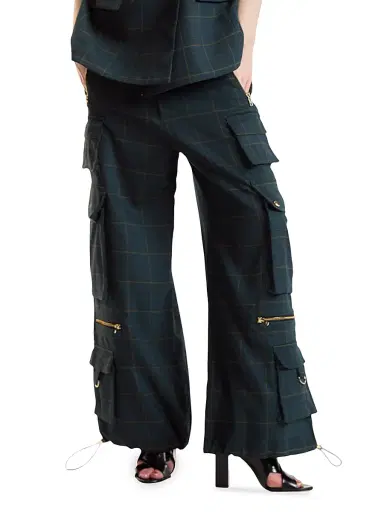 CYNTHIA ROWLEY Women's Plaid Cargo Pants - Green Plaid - Size Large | Thumbnail 3