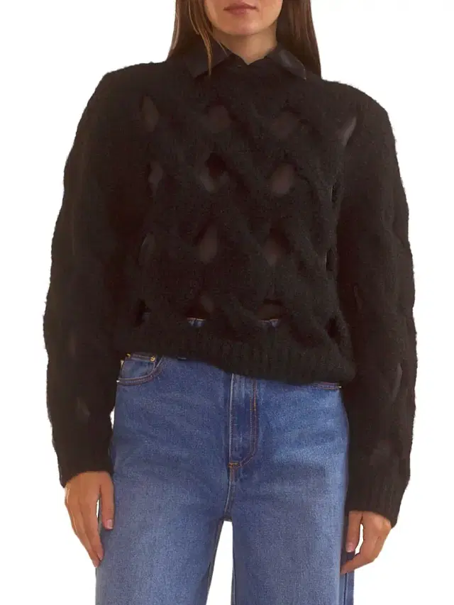 Cynthia Rowley Women's Open-Knit Crewneck Sweater - Black