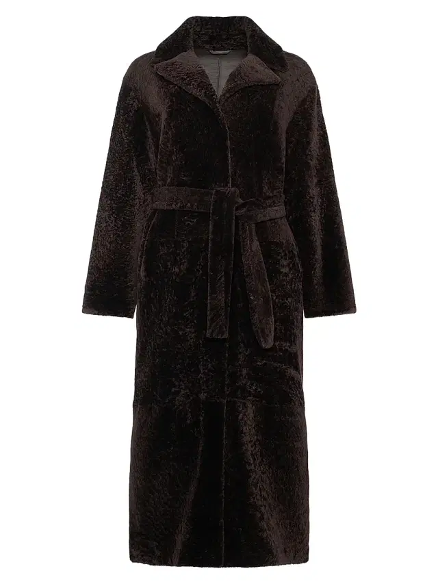 Gorski Women's Reversible Textured Shearling Lamb Coat with Side Slits, Belt - Brown