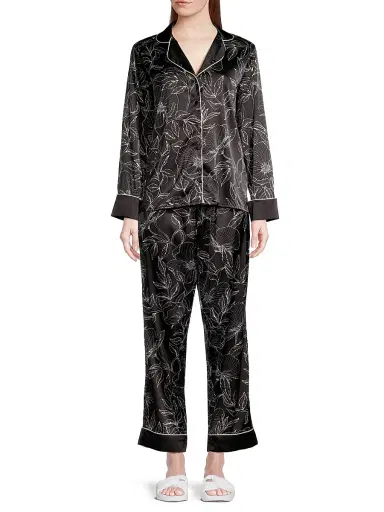 Averie Women's Leaf Print Long Pajama Set - Black - Size XS | Thumbnail 2 Averie Women's Leaf Print Long Pajama Set - Black - Size XS | Thumbnail 2