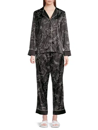 Averie Women's Leaf Print Long Pajama Set - Black - Size XS | Thumbnail 3 Averie Women's Leaf Print Long Pajama Set - Black - Size XS | Thumbnail 3