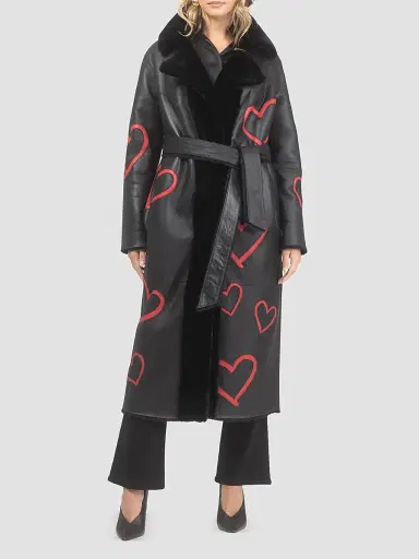 Gorski Women's Reversible Shearling Lamb Coat with Heart Intarsia - Black Red - Size Small | Thumbnail 5 Gorski Women's Reversible Shearling Lamb Coat with Heart Intarsia - Black Red - Size Small | Thumbnail 5