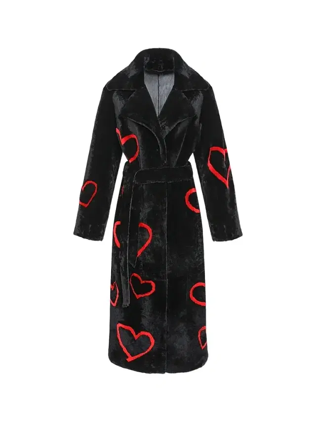 Gorski Women's Reversible Shearling Lamb Coat with Heart Intarsia - Black Red