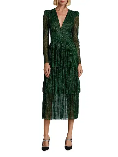 Sabina Musáyev Women's Carry Tiered Belted Metallic Dress - Emerald - Size XS | Thumbnail 2