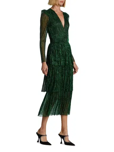 Sabina Musáyev Women's Carry Tiered Belted Metallic Dress - Emerald - Size XS | Thumbnail 3