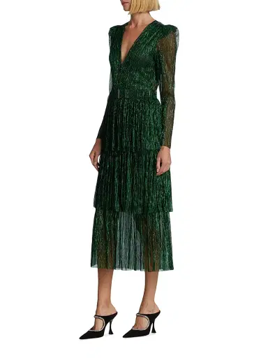 Sabina Musáyev Women's Carry Tiered Belted Metallic Dress - Emerald - Size XS | Thumbnail 4