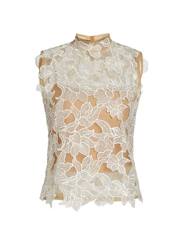 Mariandree Gaitan Women's Karol Floral Embroidered Lace Top - White - Size Small