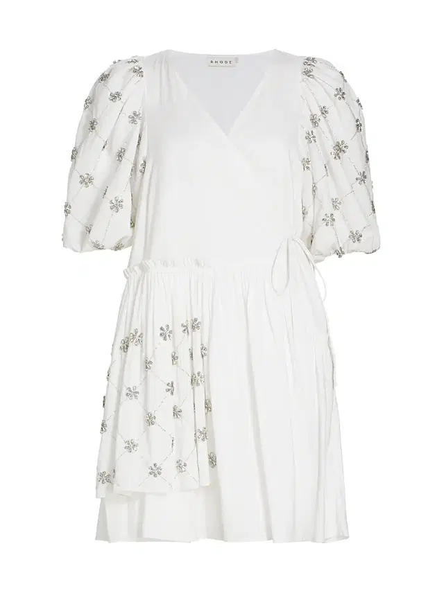Rhode Women's Elsa Embellished Cotton Wrap Minidress - White Daisy Crystal