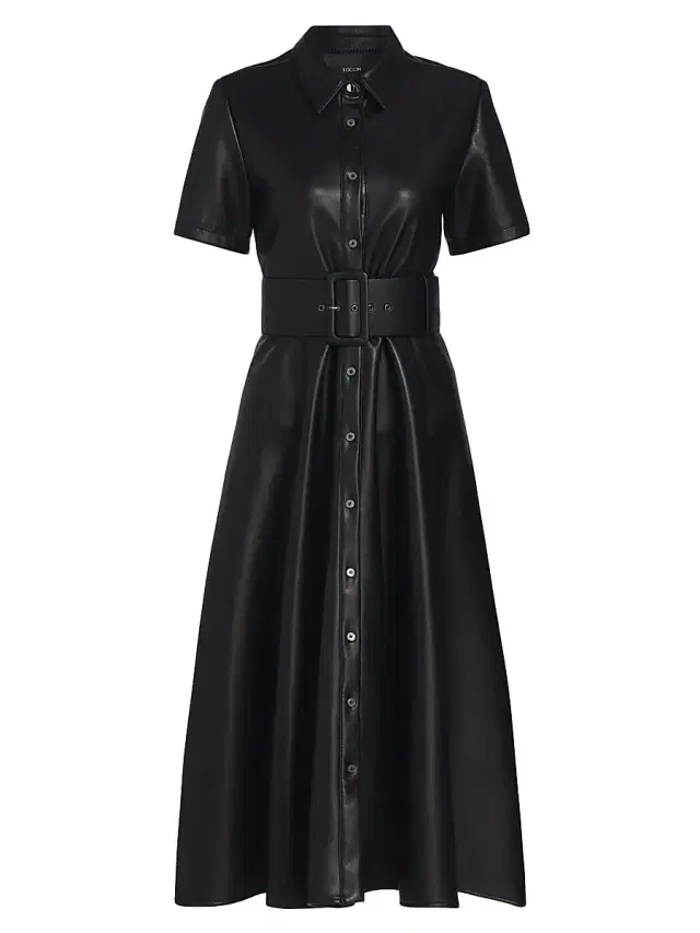 Toccin Women's Jean Vegan Leather Short-Sleeve Shirtdress - Jet