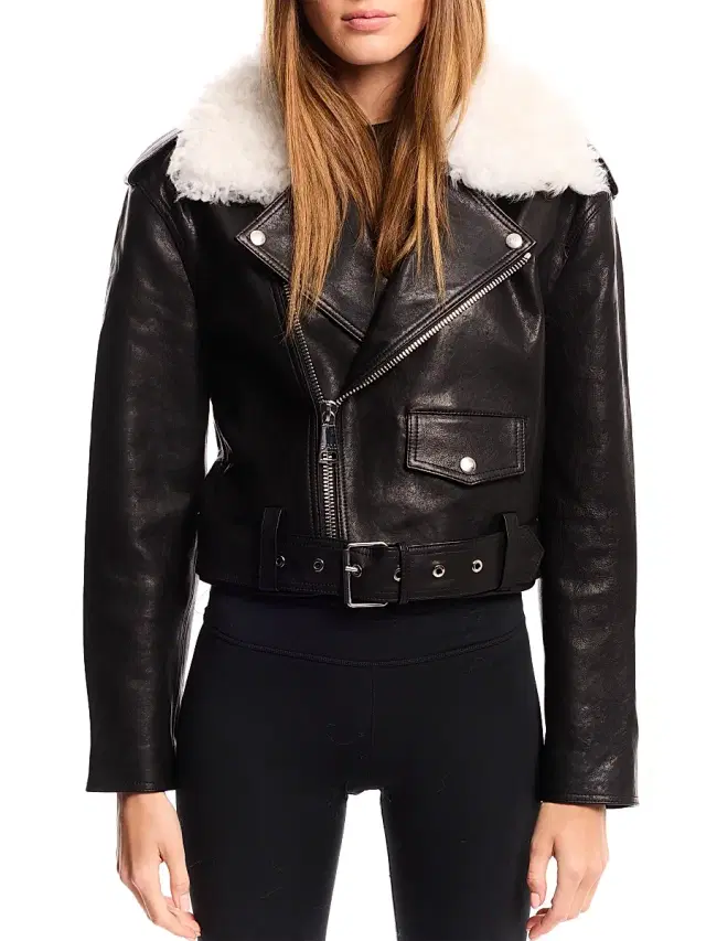 SAM. Women's Lainey Leather-Shearling Belted Biker Jacket - Black White Gitana