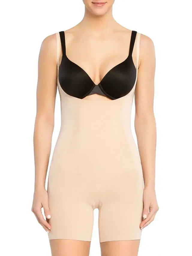 Spanx Women's Oncore Open-Bust Mid-Thigh Bodysuit - Soft Beige