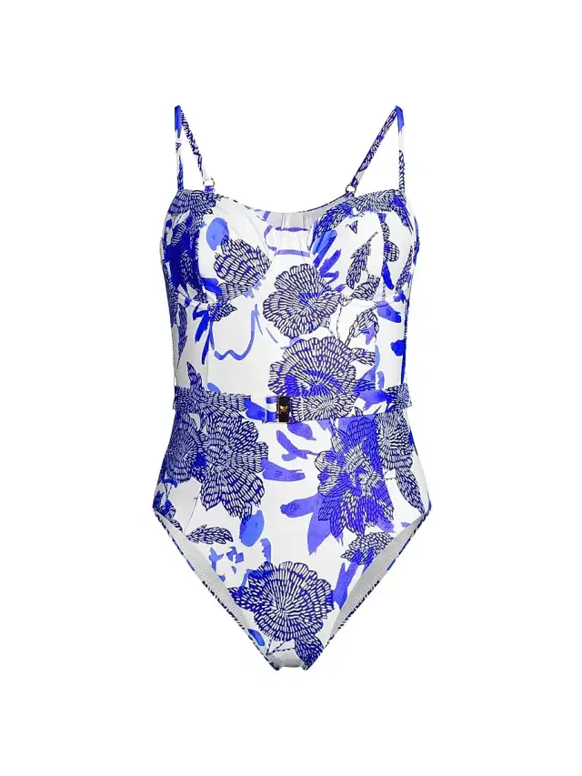 Milly Women's Brushwork Floral Belted One-Piece Swimsuit - Blue Multi