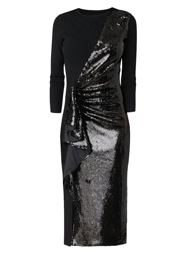 Shoshanna Women's Dela Sequin Ruffle Three-Quarter Sleeve Midi-Dress - Jet