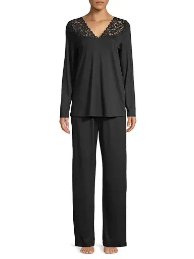 Hanro Women's Moments Two-Piece Lace & Cotton Pajama Set - Black - Size XS | Thumbnail 2 Hanro Women's Moments Two-Piece Lace & Cotton Pajama Set - Black - Size XS | Thumbnail 2