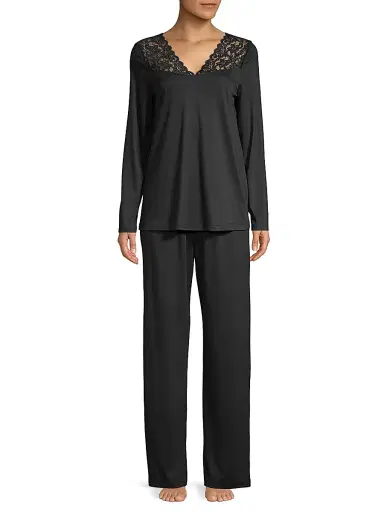 Hanro Women's Moments Two-Piece Lace & Cotton Pajama Set - Black - Size XS | Thumbnail 3 Hanro Women's Moments Two-Piece Lace & Cotton Pajama Set - Black - Size XS | Thumbnail 3