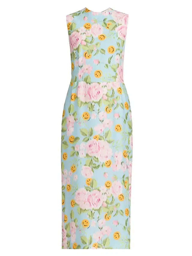 Moschino Women's Smiley And Flower Print Silk Midi-Dress - Multi Light Blue
