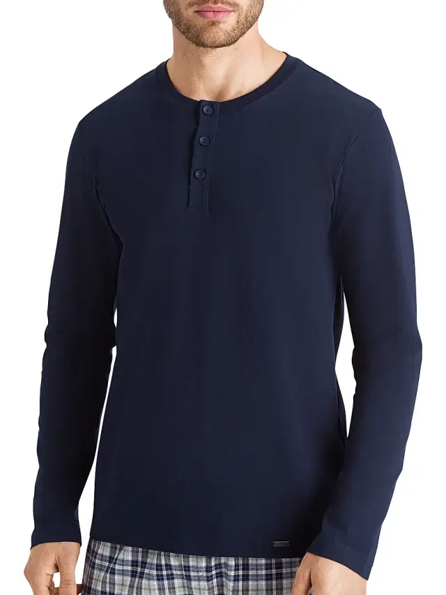 Hanro Men's Living Long-Sleeve Henley Top - Deep Navy