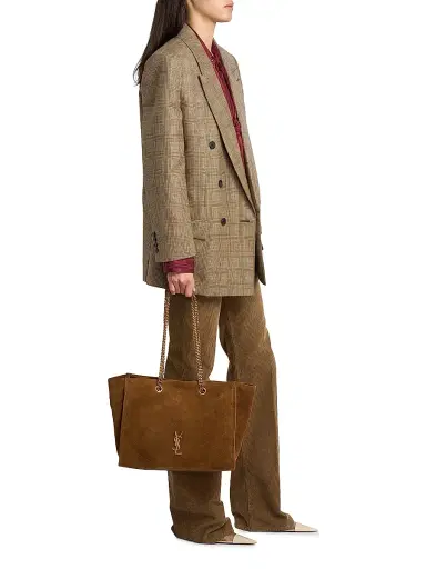 Saint Laurent Women's Double-Breasted Jacket in Prince of Wales Puppytooth Wool - Beige Marron Marine - Size 6 | Thumbnail 2