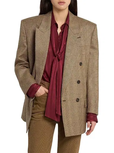 Saint Laurent Women's Double-Breasted Jacket in Prince of Wales Puppytooth Wool - Beige Marron Marine - Size 6 | Thumbnail 3