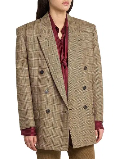 Saint Laurent Women's Double-Breasted Jacket in Prince of Wales Puppytooth Wool - Beige Marron Marine - Size 6 | Thumbnail 4