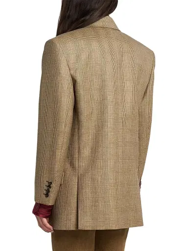 Saint Laurent Women's Double-Breasted Jacket in Prince of Wales Puppytooth Wool - Beige Marron Marine - Size 6 | Thumbnail 5